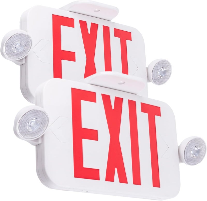 LIT-PaTH LED Combo EXIT Sign with 2 Adjustable Head Lights and Double Face, Back Up Batteries- US Standard Red Letter Emergency Exit Lighting, UL 924 and CEC Qualified, 120-277 Voltage, 2-Pack - Image 1